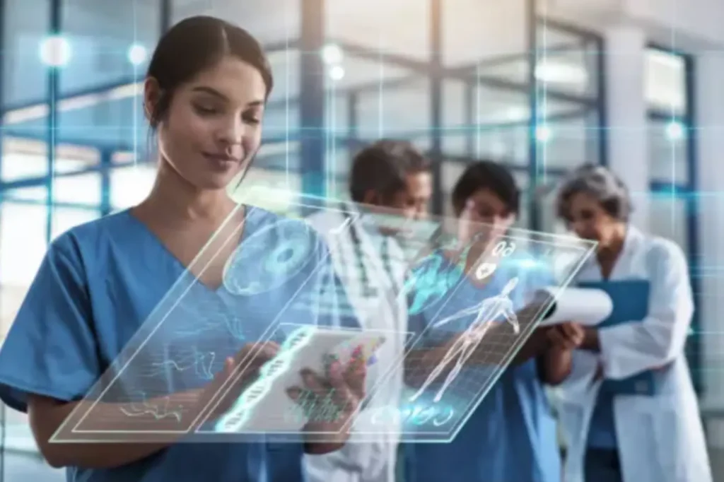 Healthcare professionals using an advanced digital interface for life sciences data, representing the diverse content types supported by our pharmaceutical translation services.
