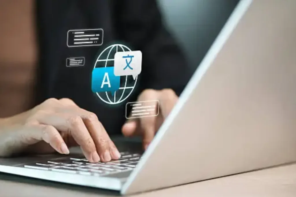 A professional in a suit holding a smartphone with global translation technology icons, representing expert software localization services.