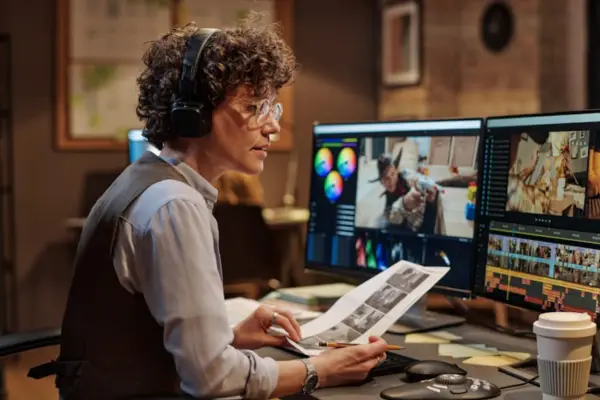A video editor with headphones focusing on accurate timing for media localization services like subtitling and dubbing.