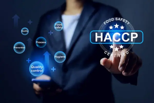 Digital interface displaying HACCP food safety certification and quality control protocols for international regulatory compliance.