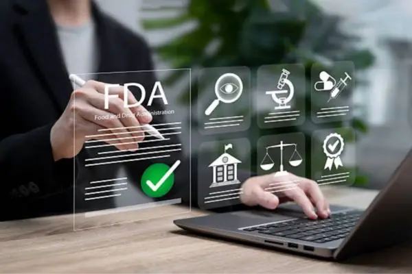 A specialist reviewing FDA food labeling registrations and technical documentation on a laptop for US export market compliance.